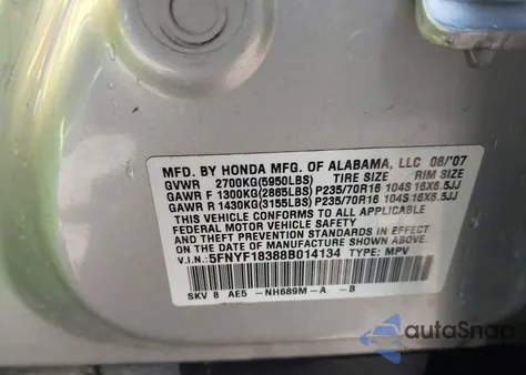 2008 Honda Pilot Se z USA, uszkodzony, nr VIN 5FNYF18388B014134